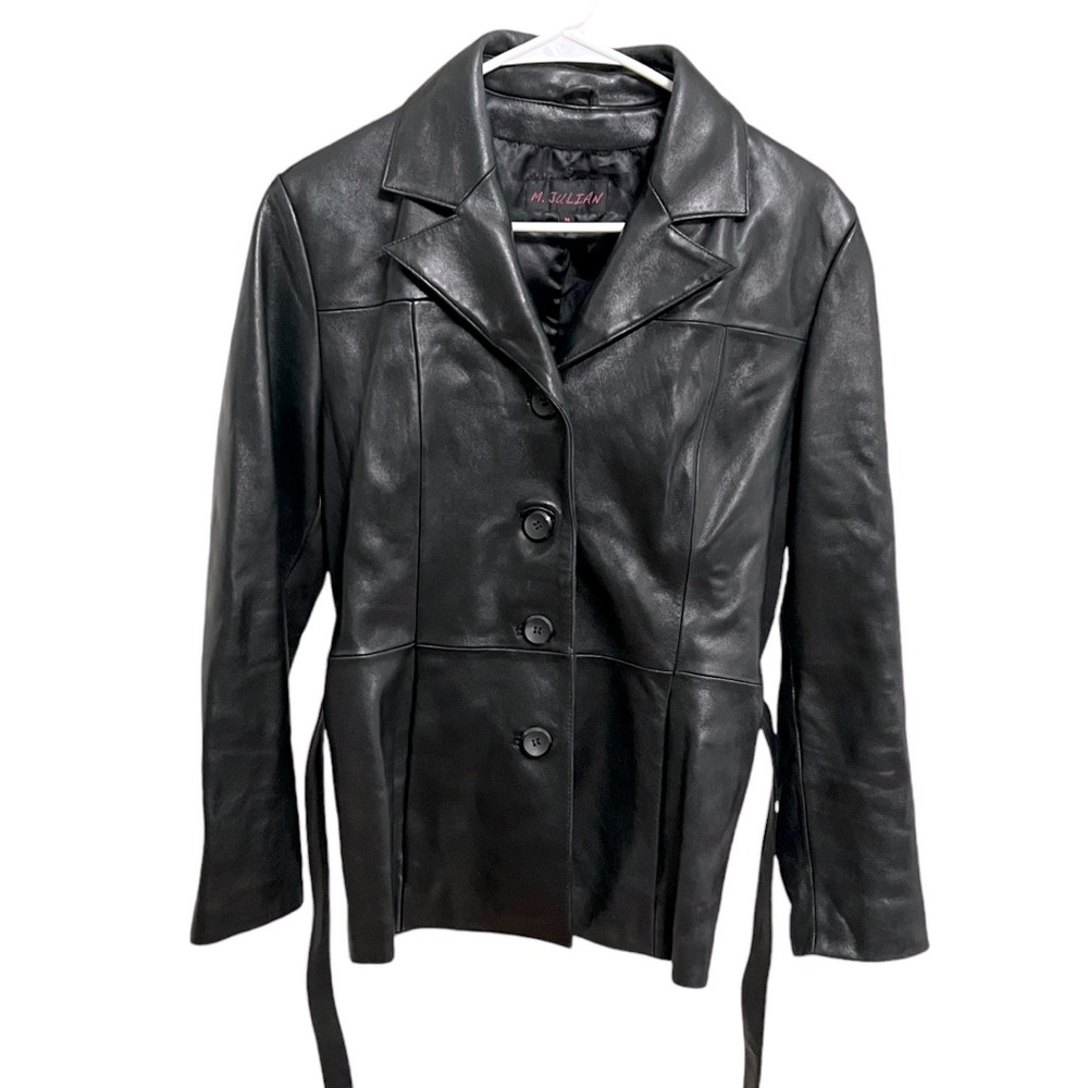 M. Julian womens black leather jacket button up with tie belt size medium